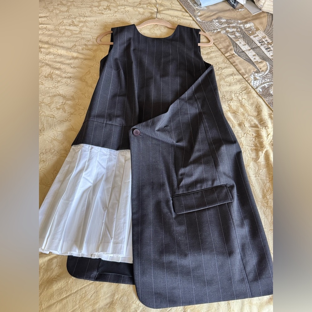 DKNY Black Pinstripe Dress with White Pleated Detail, Size 10